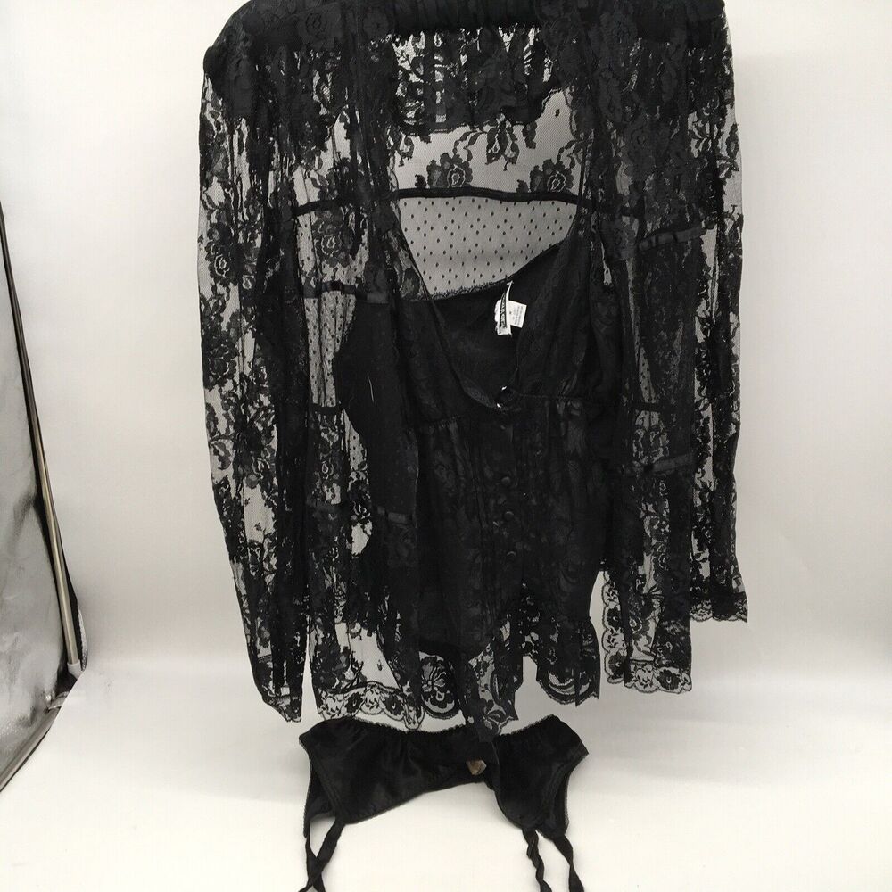 Vintage Black Lace Lingerie Camisole Garter Belt Robe 3 Piece Set Sz Medium Hot